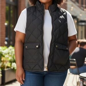 J.Crew Quilted Puffer Vest Black Gold Zip Classic Layering